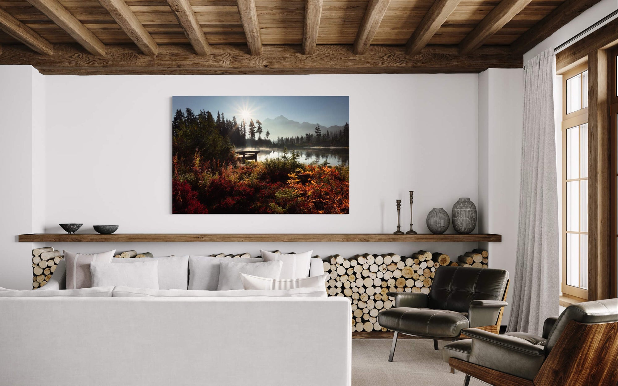 A Picture Lake photograph created near Mount Baker hangs in a living room.