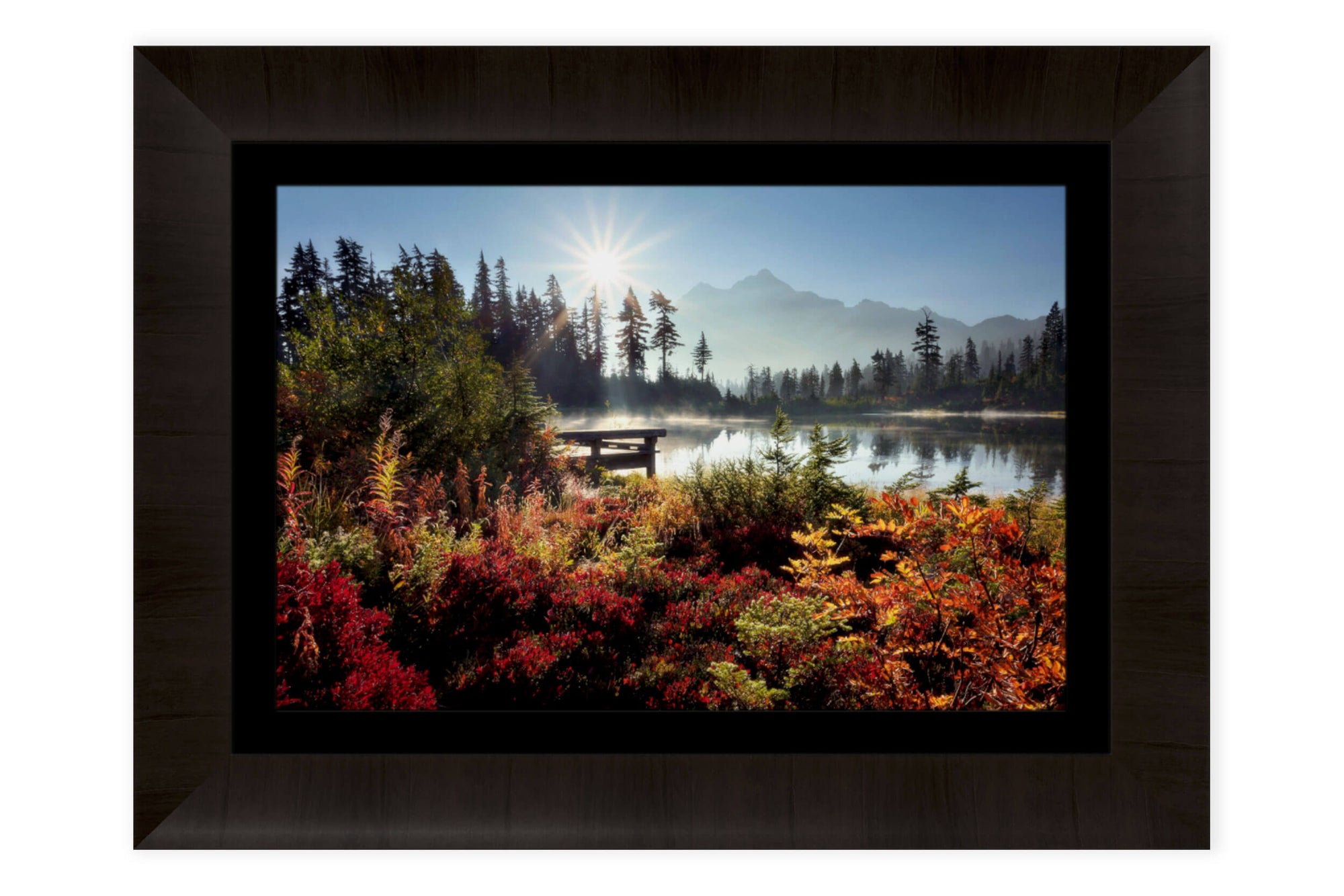 A piece of framed art from Picture Lake created near Mount Baker in Washington.
