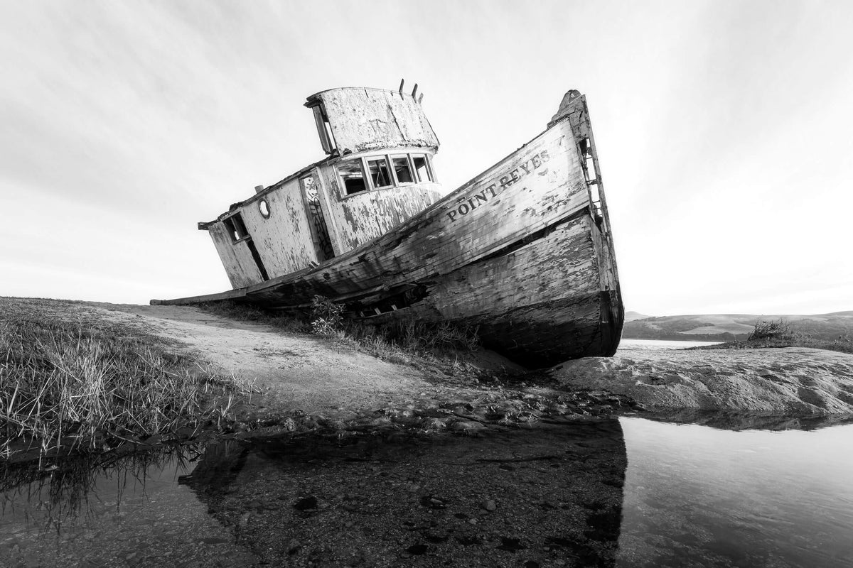 A black and white picture of the Point Reyes Shipwreck near San Francisco.