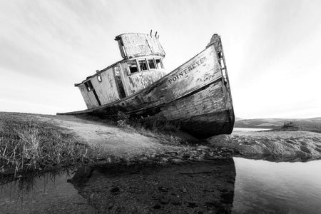A black and white picture of the Point Reyes Shipwreck near San Francisco.