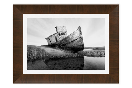 This piece of framed San Francisco art shows a black and white picture of Point Reyes.