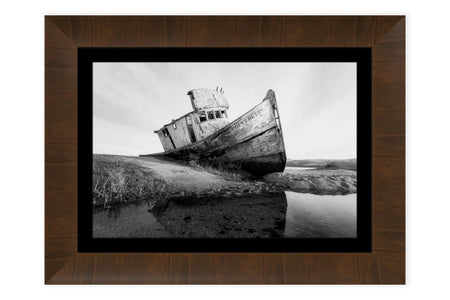 This piece of framed San Francisco art shows a black and white picture of Point Reyes.