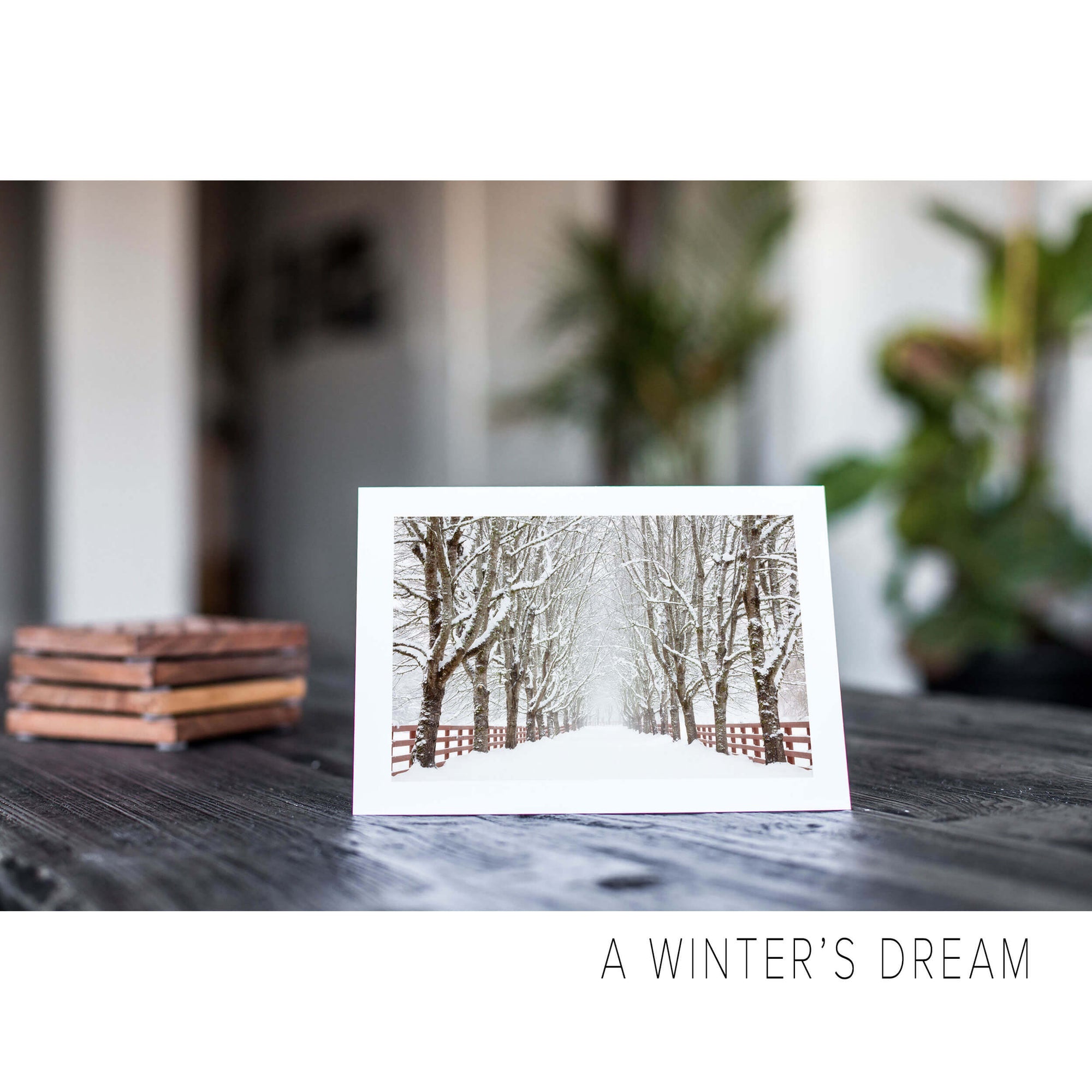 A nature art greeting card shows a picture of Rockwood Farm in Snoqualmie in winter.