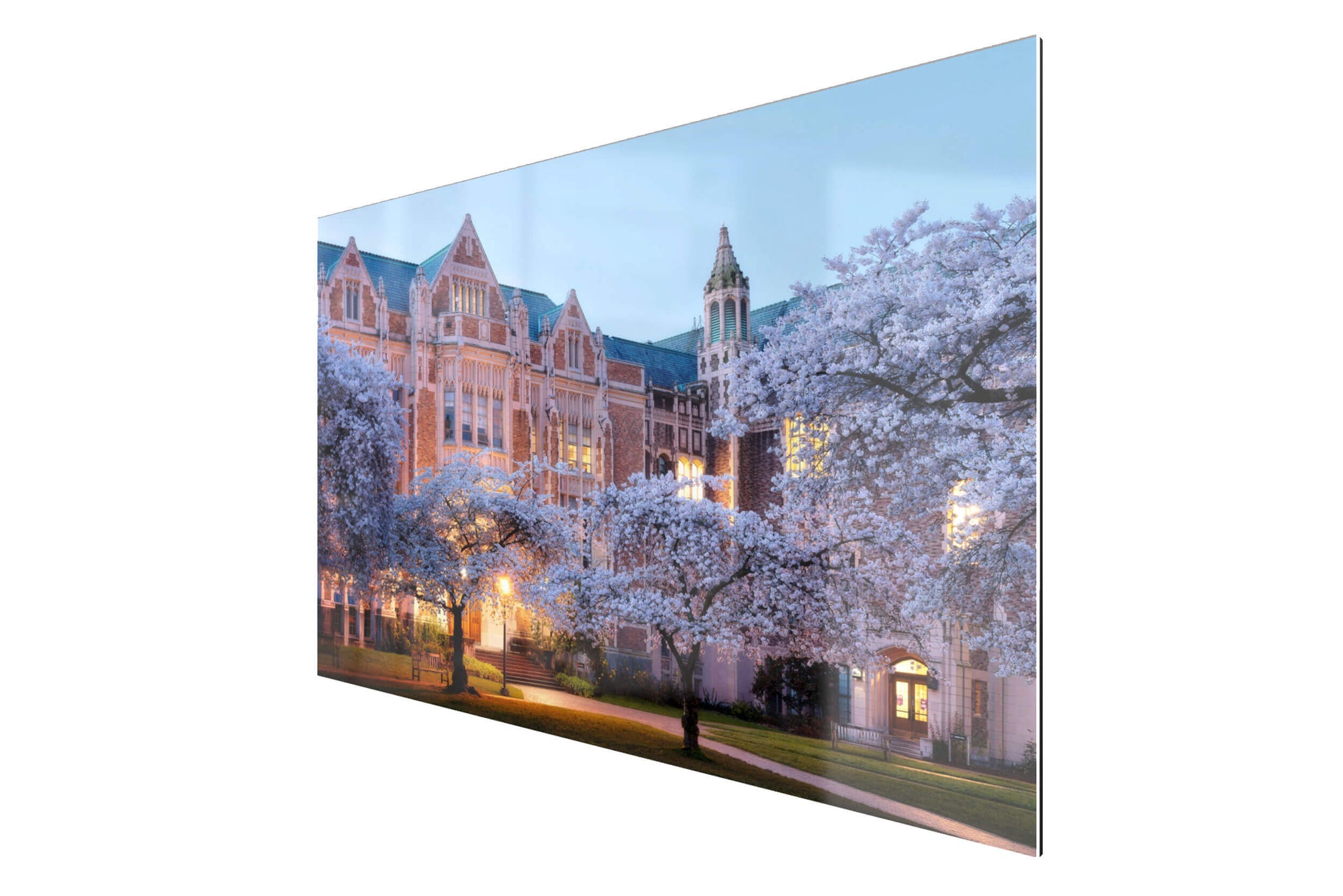 A TruLife acrylic piece of Seattle art shows the UW cherry blossoms.