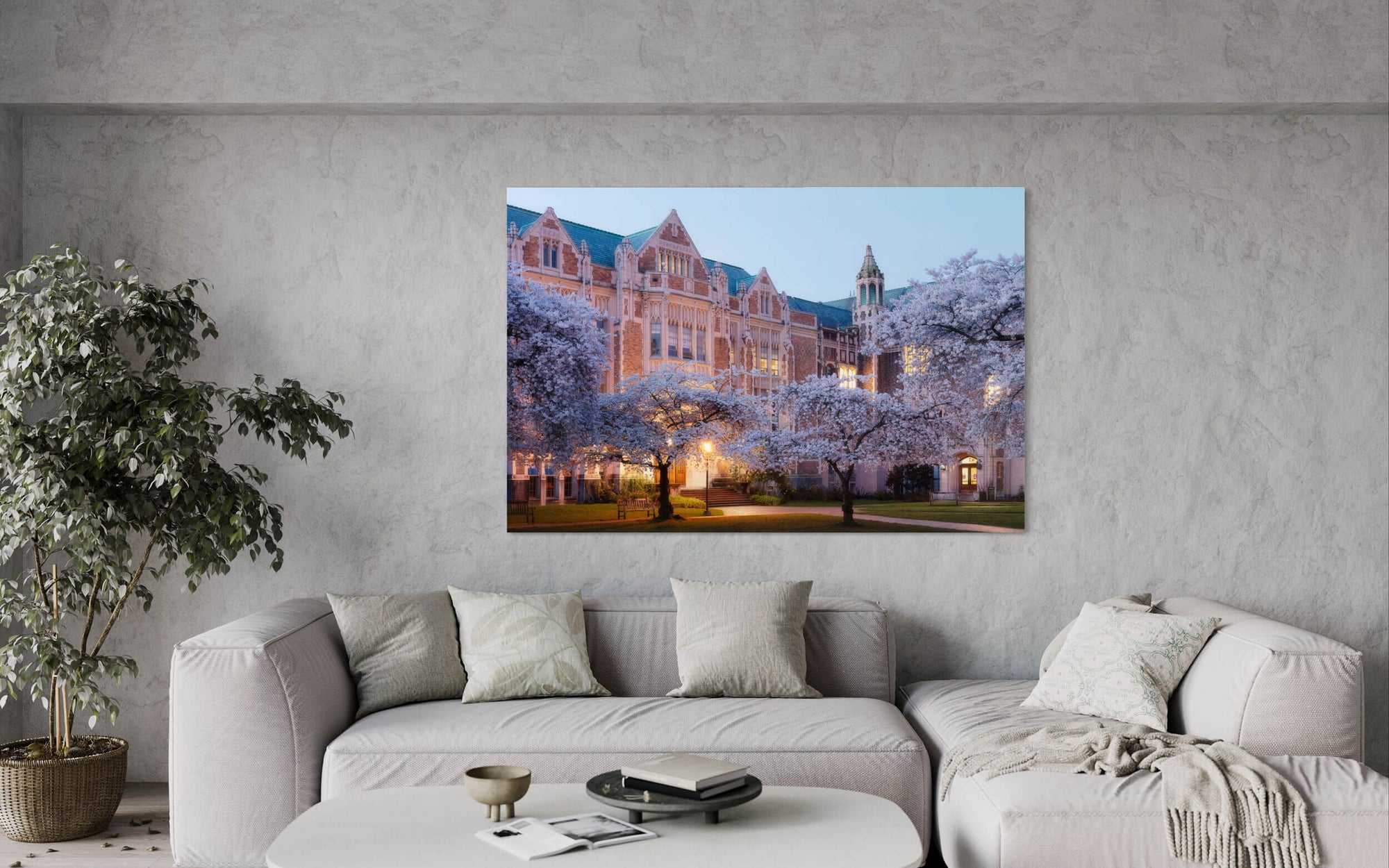 A piece of Seattle art showing the UW cherry blossoms hangs in a living room.