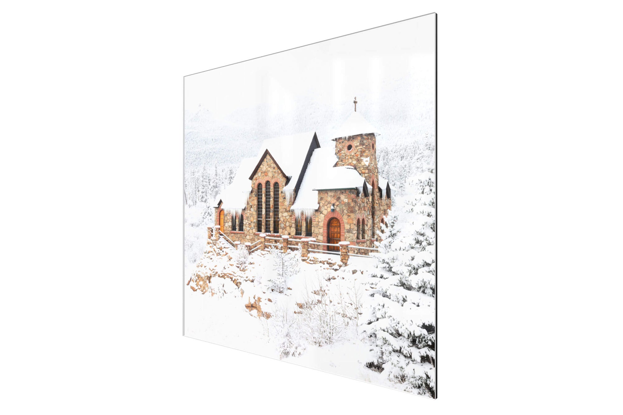 A piece of TruLife acrylic Colorado art shows St. Malo's Chapel near Estes Park.