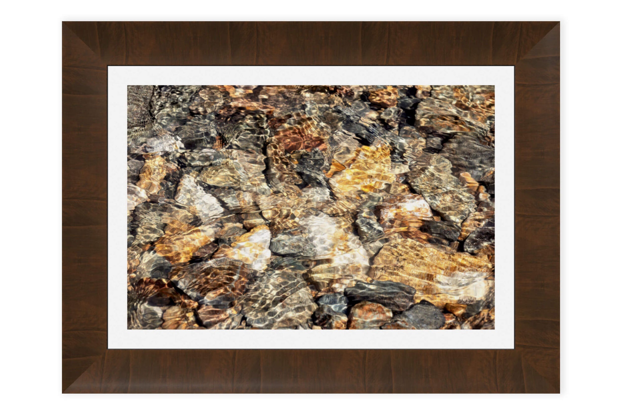 This piece of framed Telluride art shows glistening rocks in a Colorado River.
