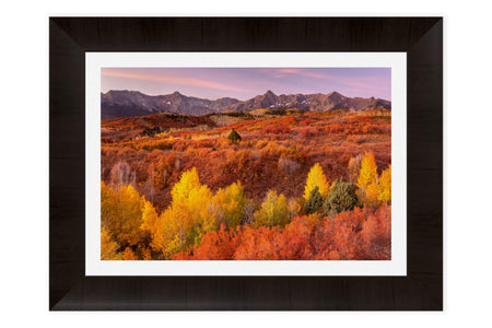 A piece of framed Telluride art shows a Dallas Divide fall colors picture.
