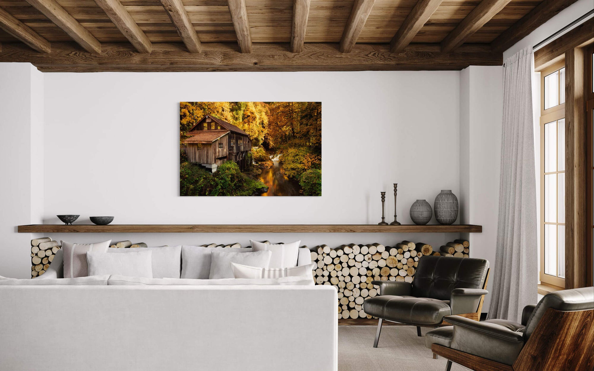 This Washington artwork hanging in a living room shows the Cedar Creek Grist Mill in Woodland.