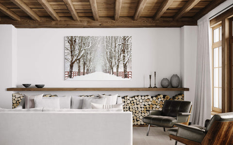 A piece of Washington art showing Rockwood Farm in Snoqualmie hangs in a living room.
