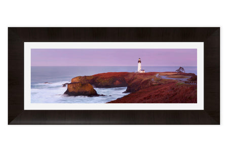This piece of framed Oregon art shows the Yaquina Head Lighthouse in Oregon.