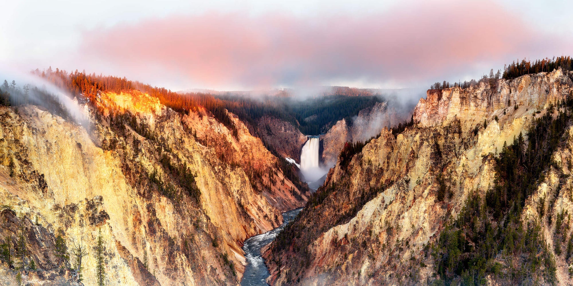 This piece of Yellowstone art shows the view from Artist Point into Yellowstone Canyon.
