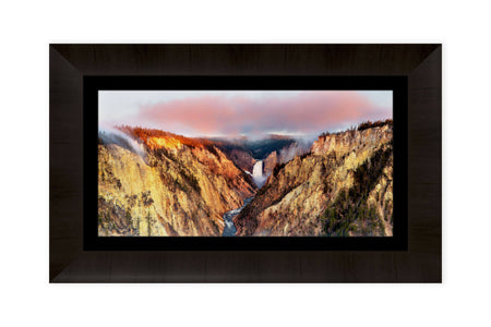 This framed piece of Yellowstone art shows the view from Artist Point into Yellowstone Canyon.