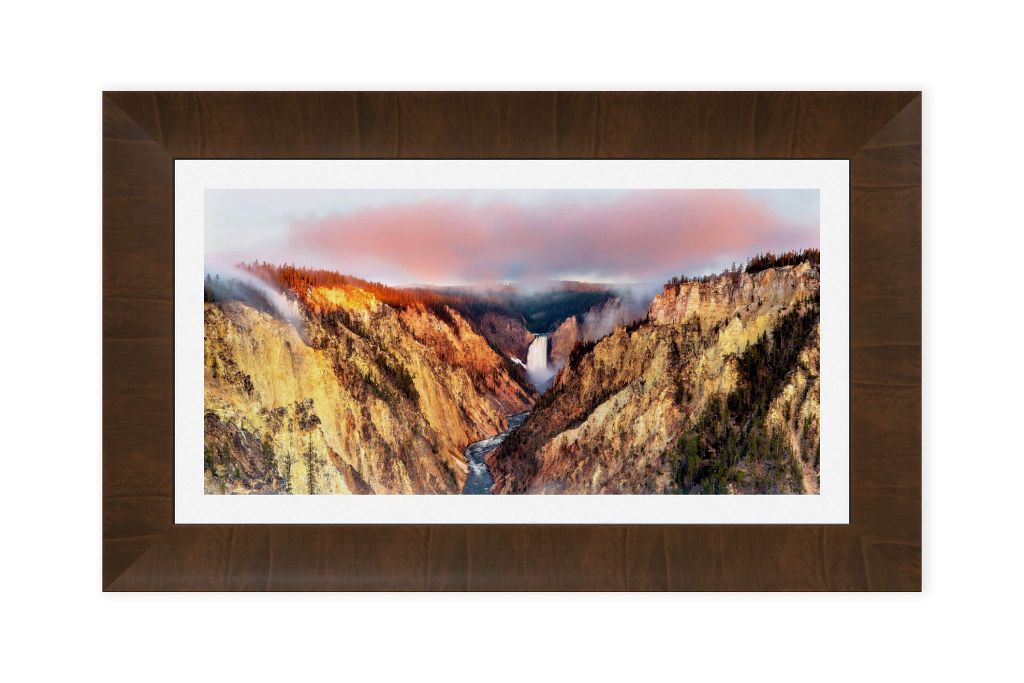 This framed piece of Yellowstone art shows the view from Artist Point into Yellowstone Canyon.